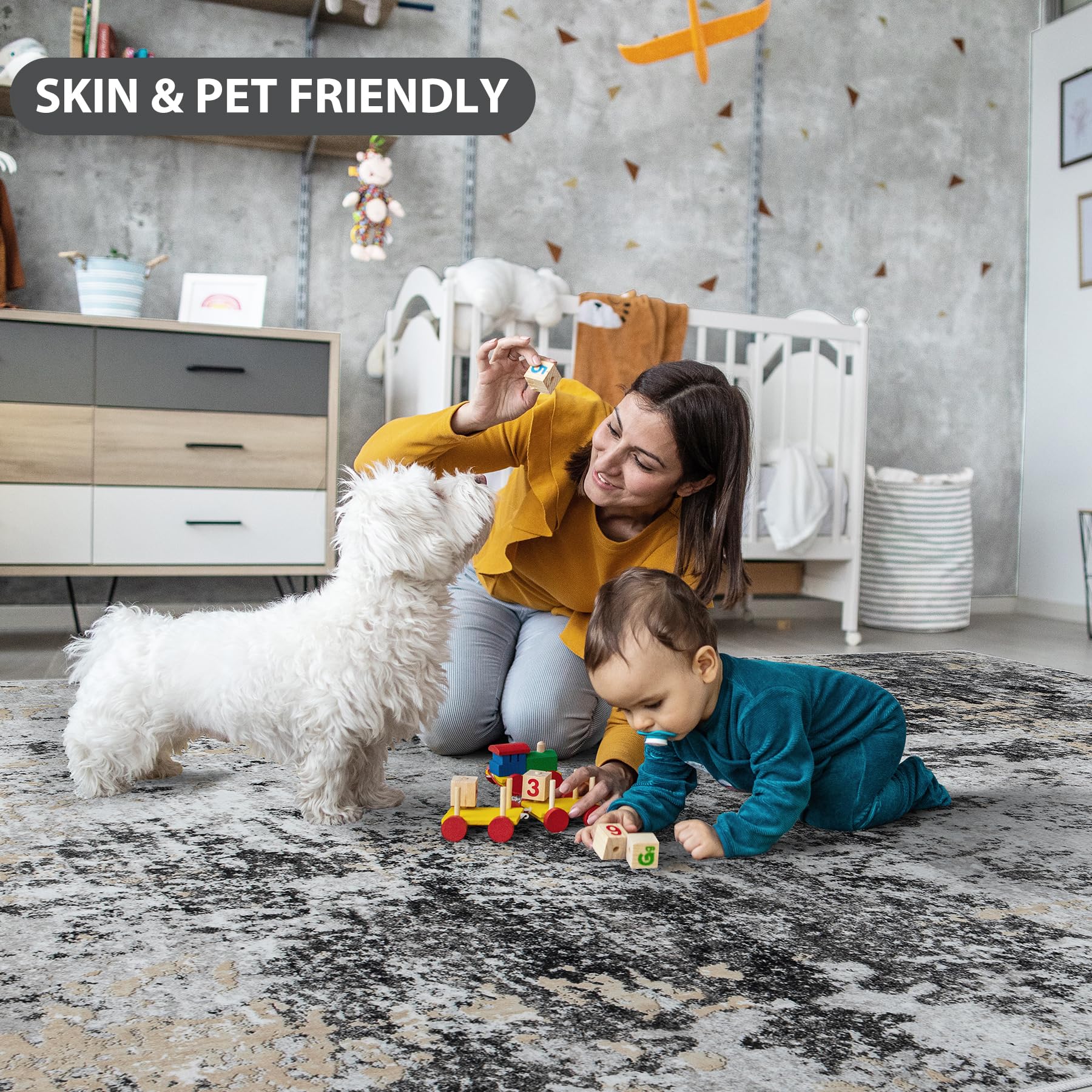 Aelenmu washable rug supports kid and pet play with simple spot-clean care.