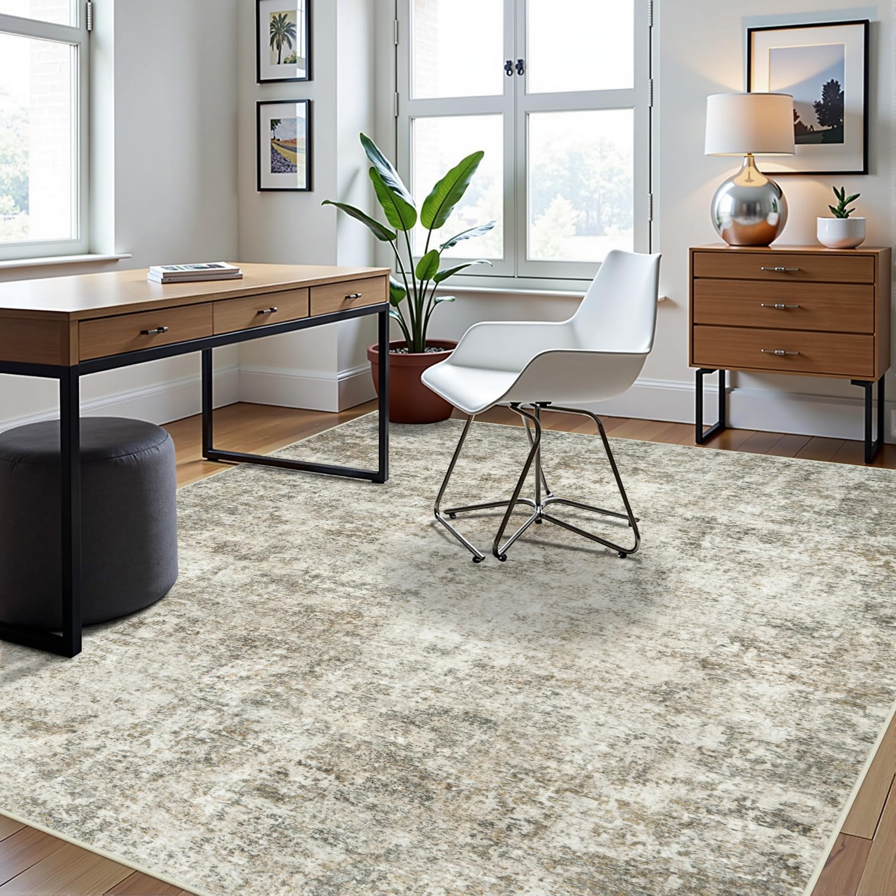 Aelenmu beige brown rug showcases a modern abstract design for bedrooms.