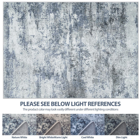 Aelenmu abstract-blue-grey rug complements modern decor across rooms.
