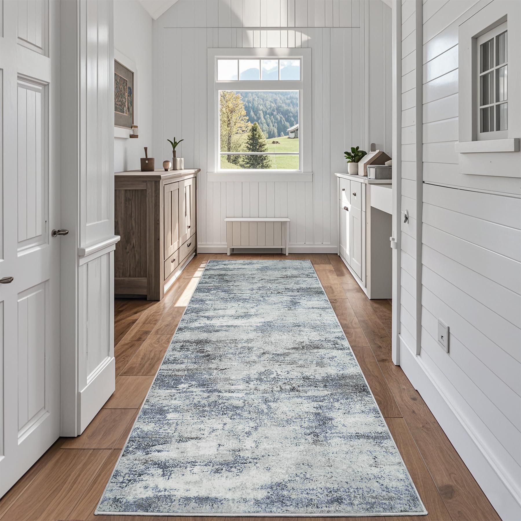Aelenmu runner rug with blue gray abstract design for hallways.