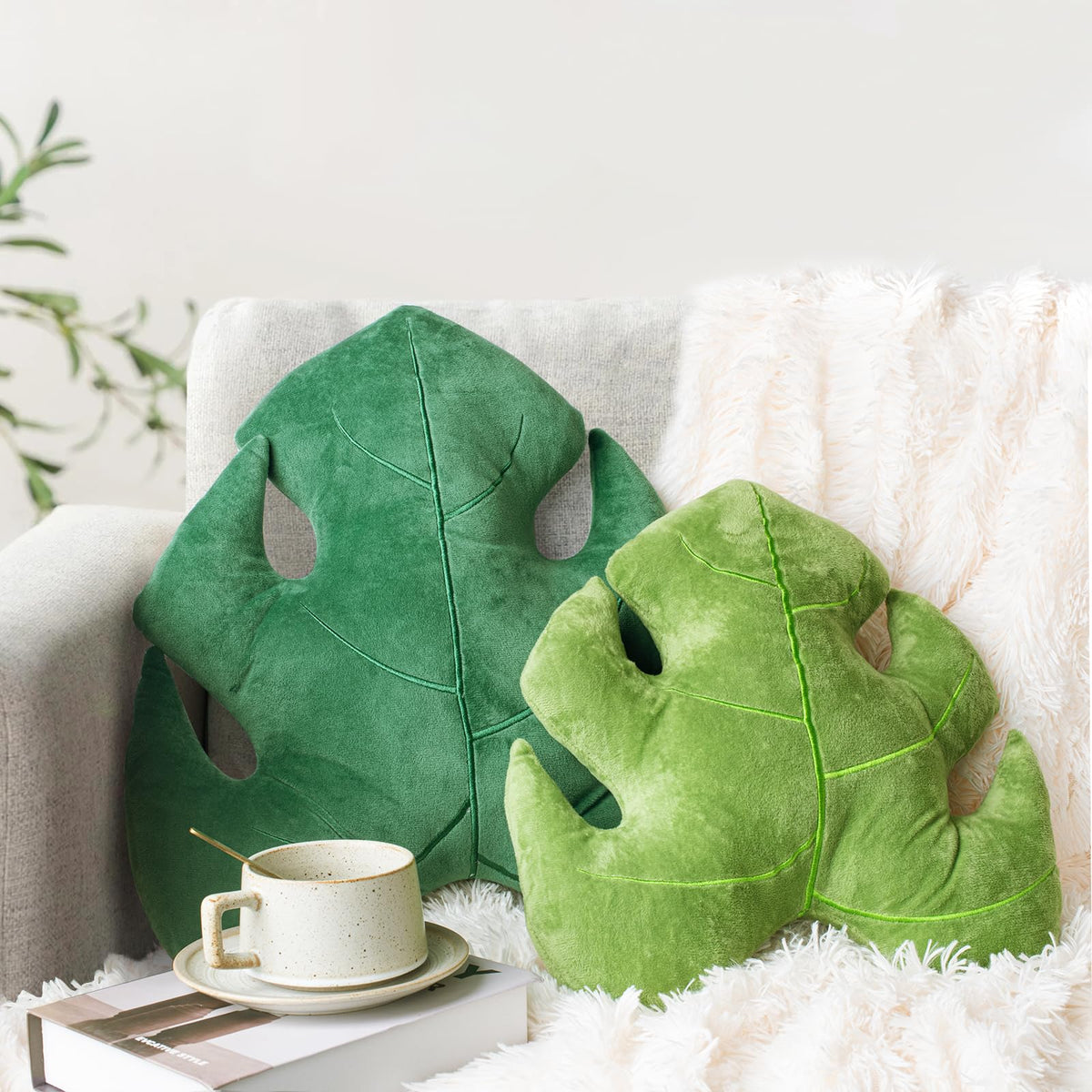 AELS Monstera Deliciosa pillow set, 18in front view, inviting velvet-like comfort for your sofa.