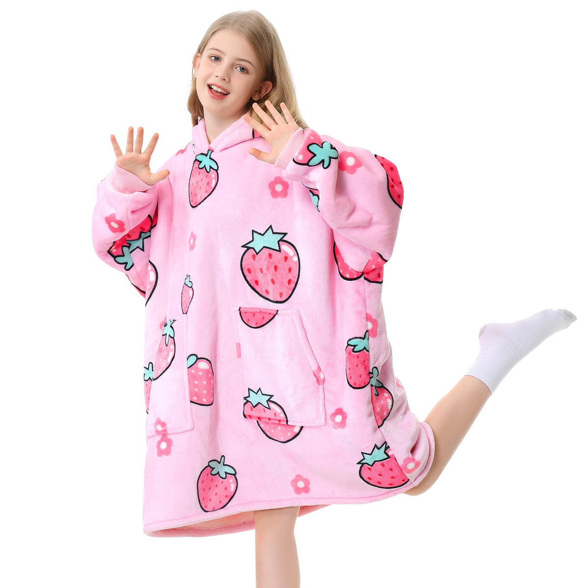 Aemicion blanket hoodie for kids in pink strawberry design, oversized warmth for cozy days.