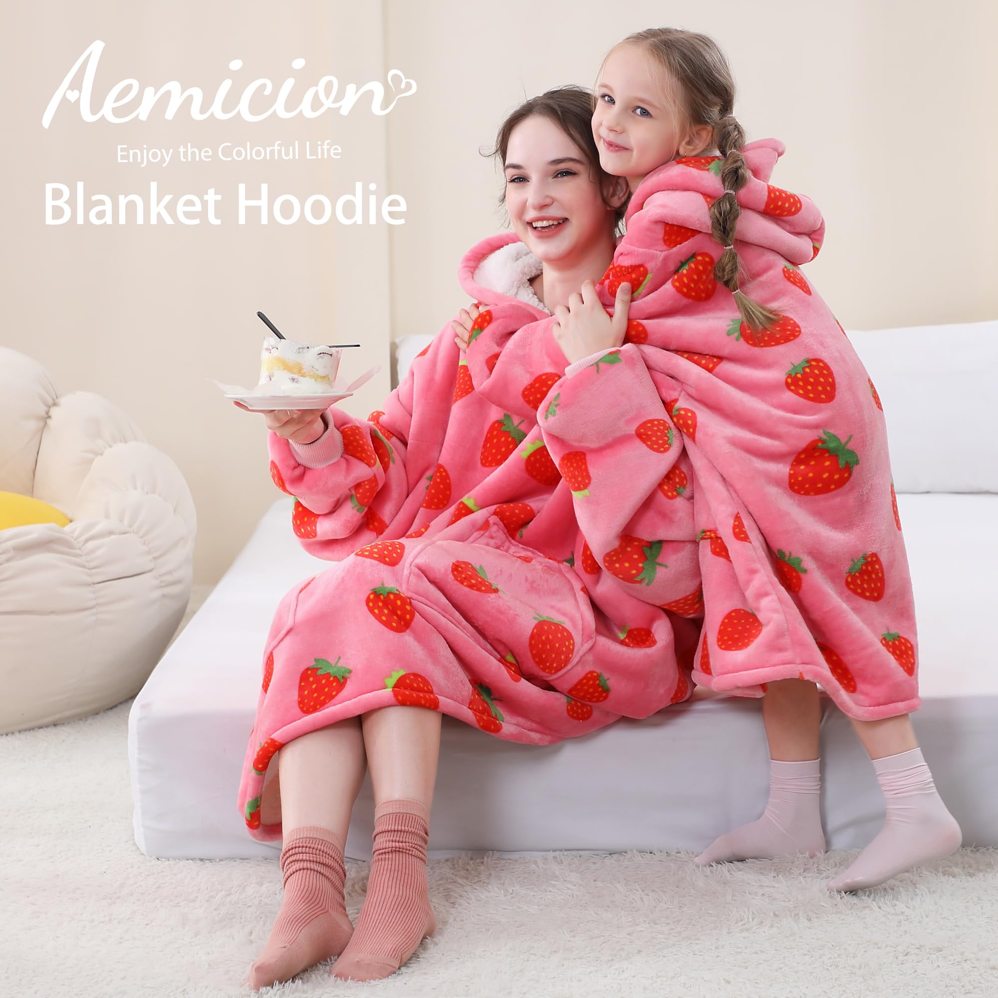 Aemicion Strawberry Blanket Hoodie fleece fabric closeup reveals plush softness