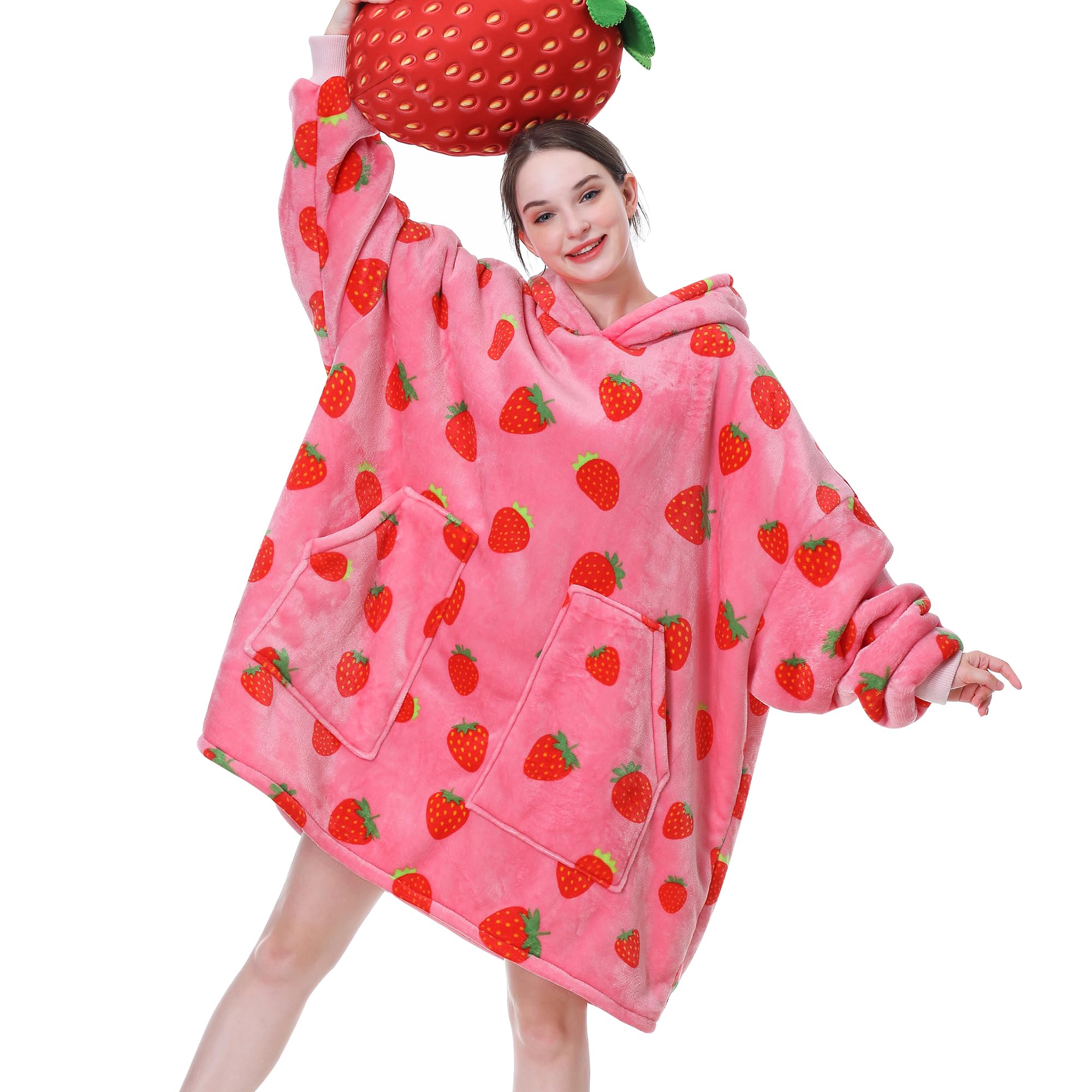 Aemicion Strawberry Blanket Hoodie front view for cozy lounging and warmth