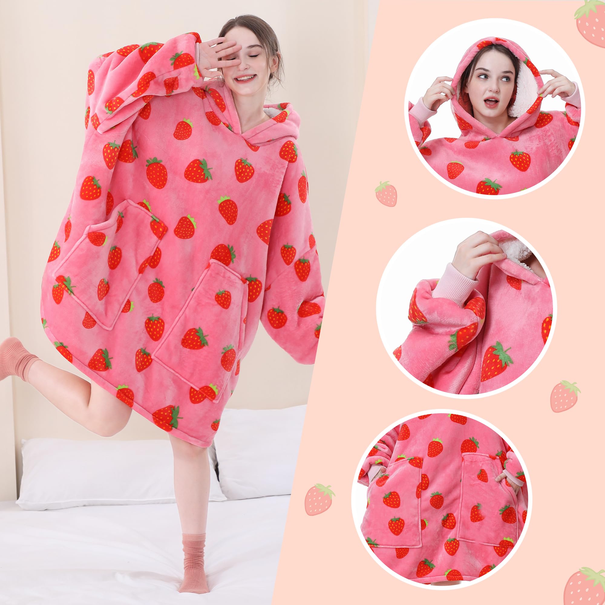 Aemicion Strawberry Blanket Hoodie hood detail emphasizes extra warmth