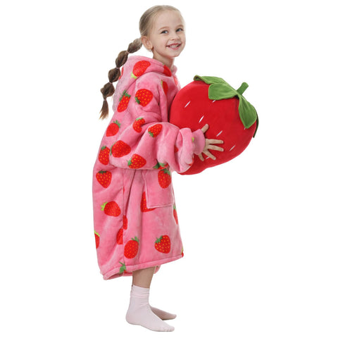 Aemicion Strawberry Blanket Hoodie worn by a child for cozy movie night