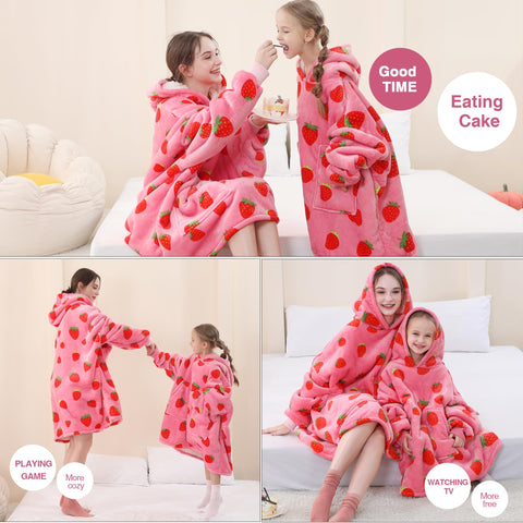 Aemicion Strawberry Blanket Hoodie pockets closeup demonstrates hand warmth and storage
