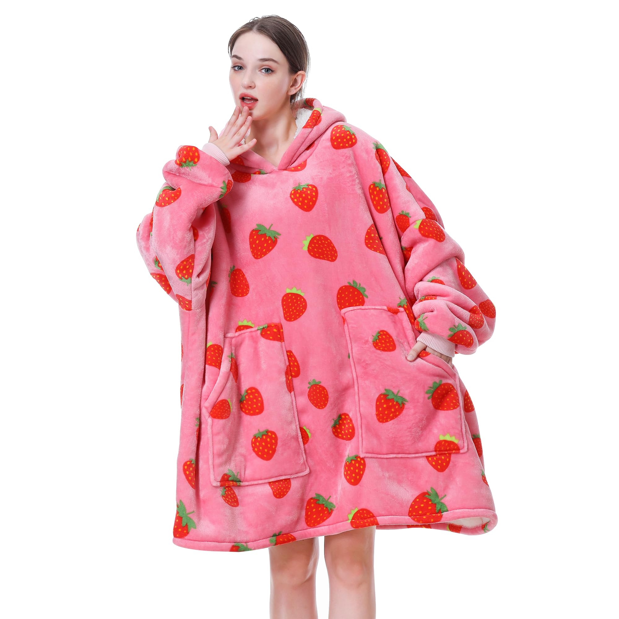 Aemicion Strawberry Blanket Hoodie side view showing oversized comfort