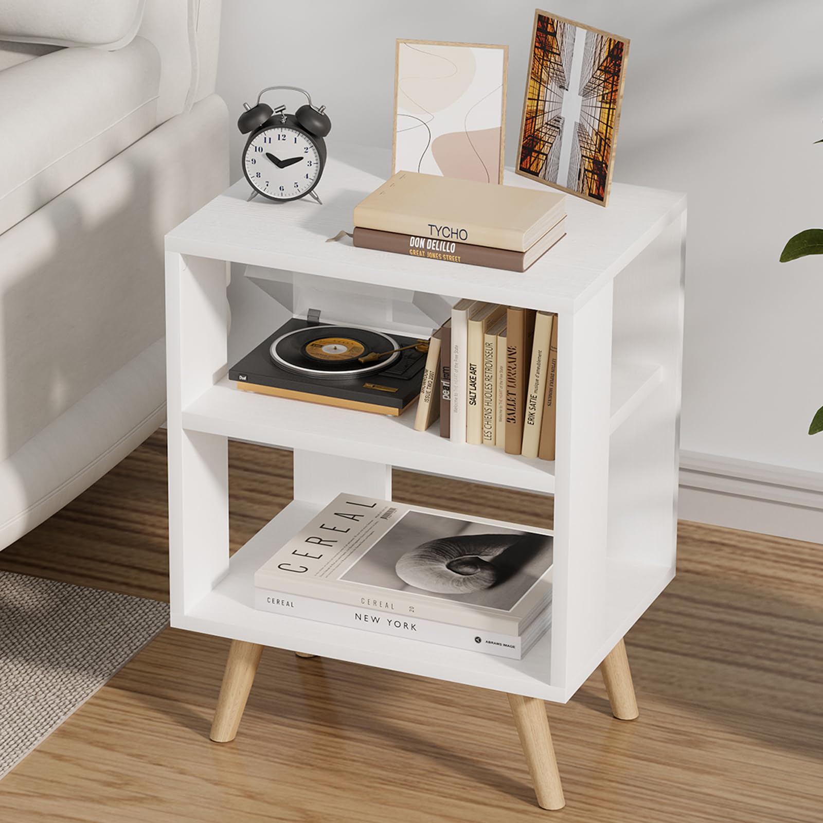 Aenuert Night Stand with white open storage keeps essentials within reach.