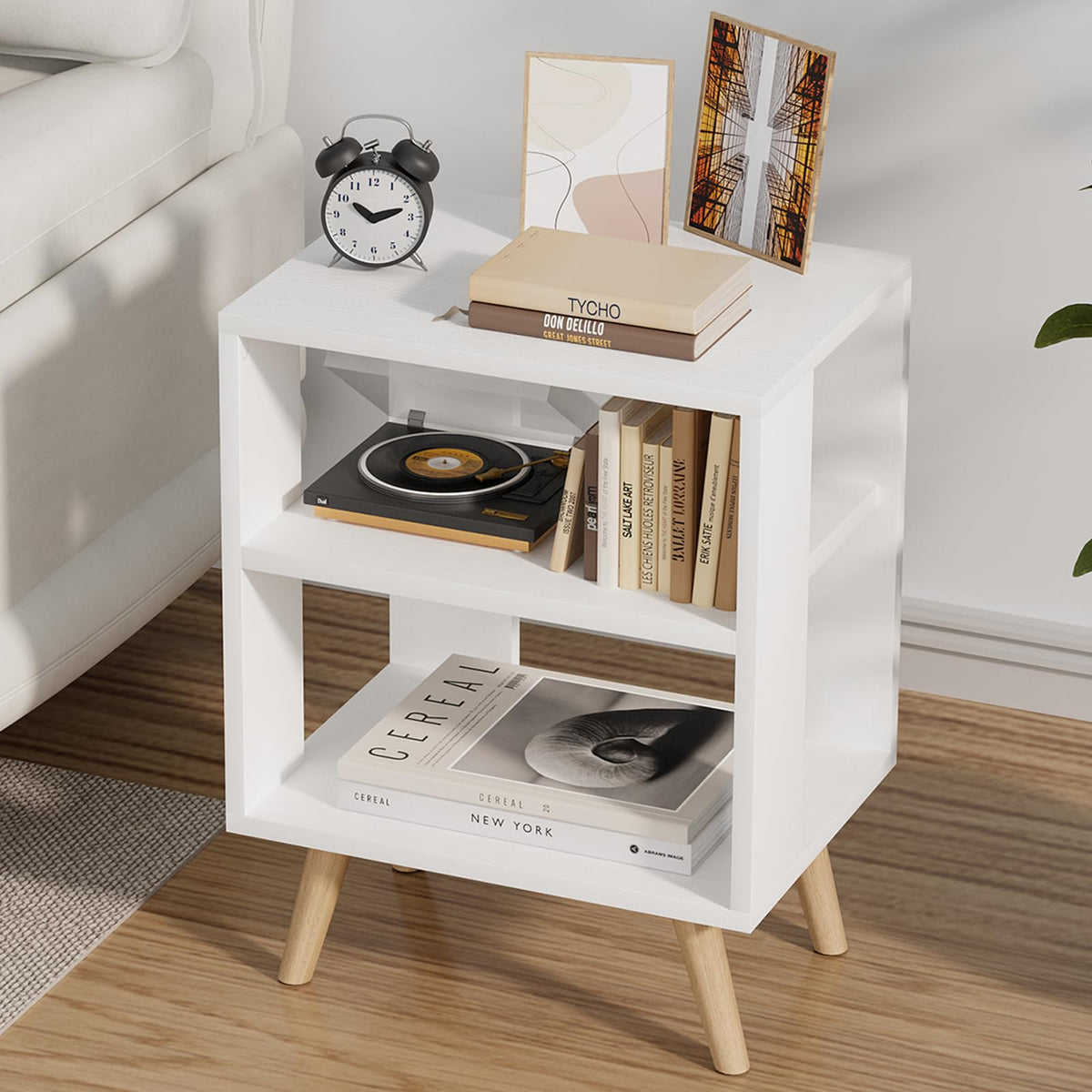 Aenuert Night Stand with white open storage keeps essentials within reach.
