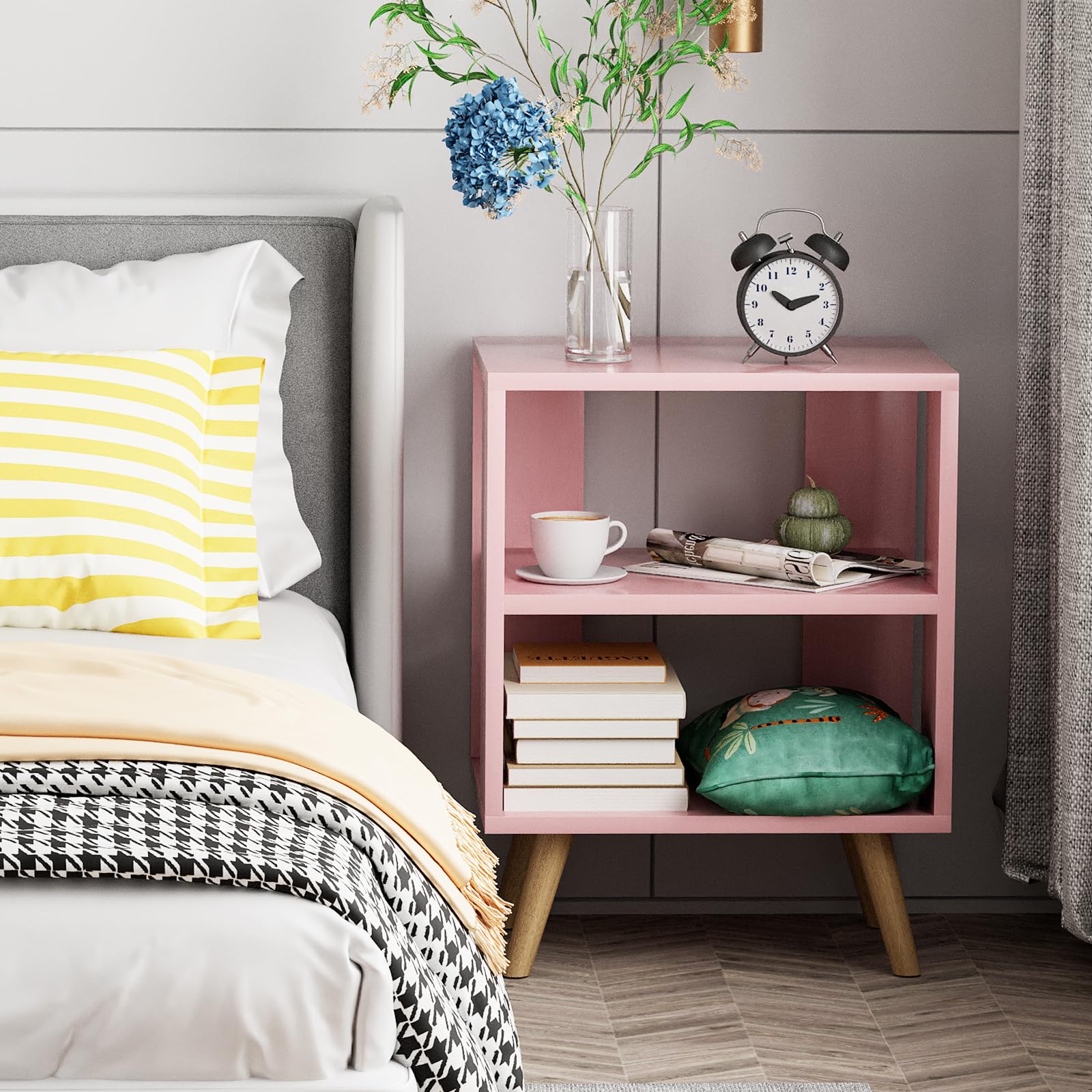 Aenuert pink end table shows woodgrain texture for cozy ambience.
