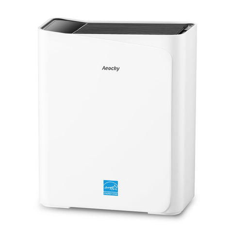 AEOCKY air purifier front view for a spacious living room, showcasing sleek design and coverage.