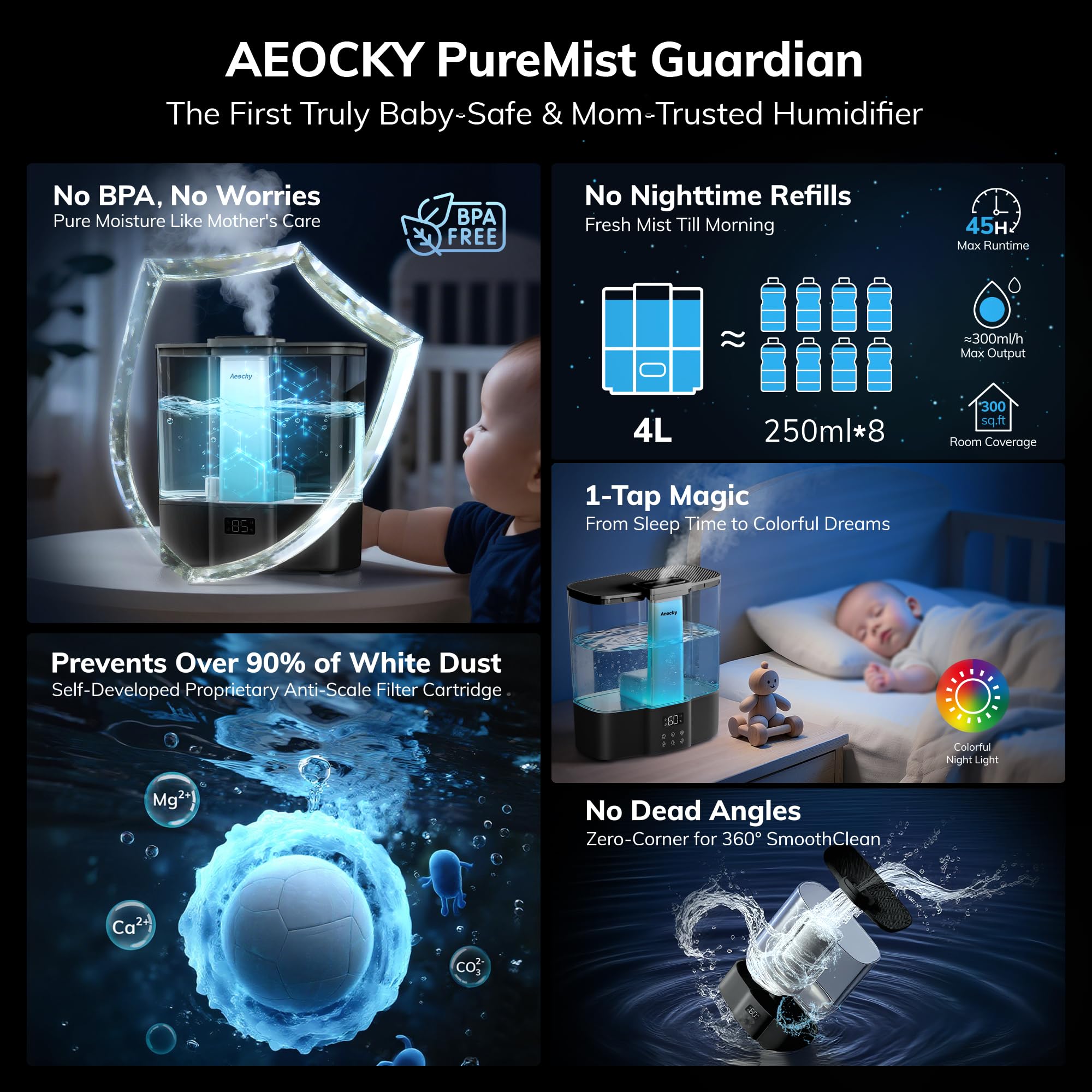 AEOCKY humidifier in nursery with ambient light supports calm bedtimes.