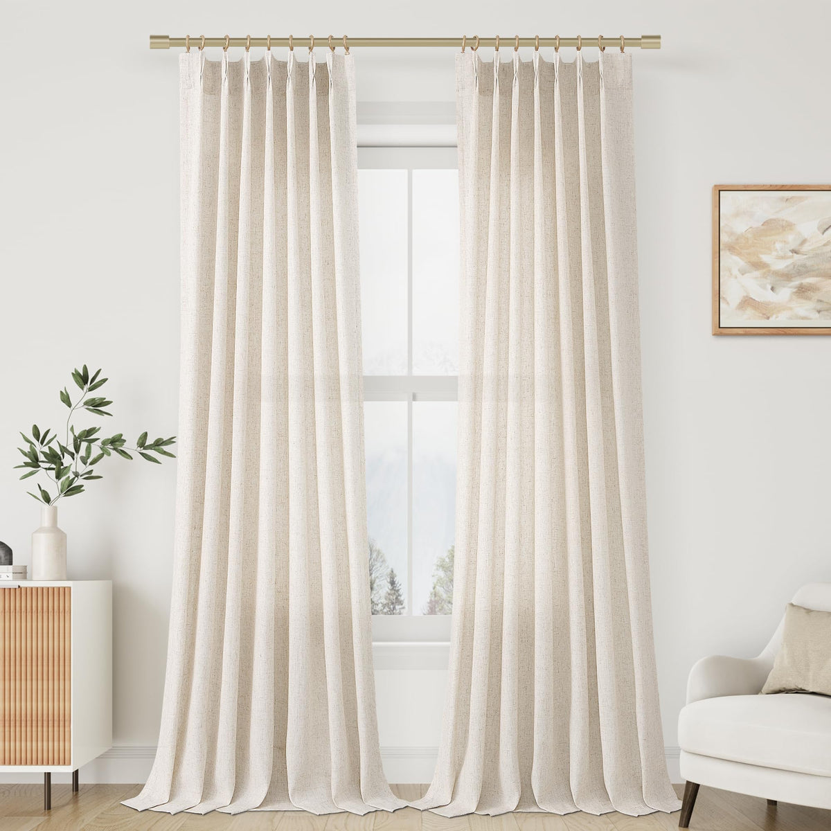 Aersas pleated linen curtain cream ivory 96in panel A with elegant folds for living rooms.