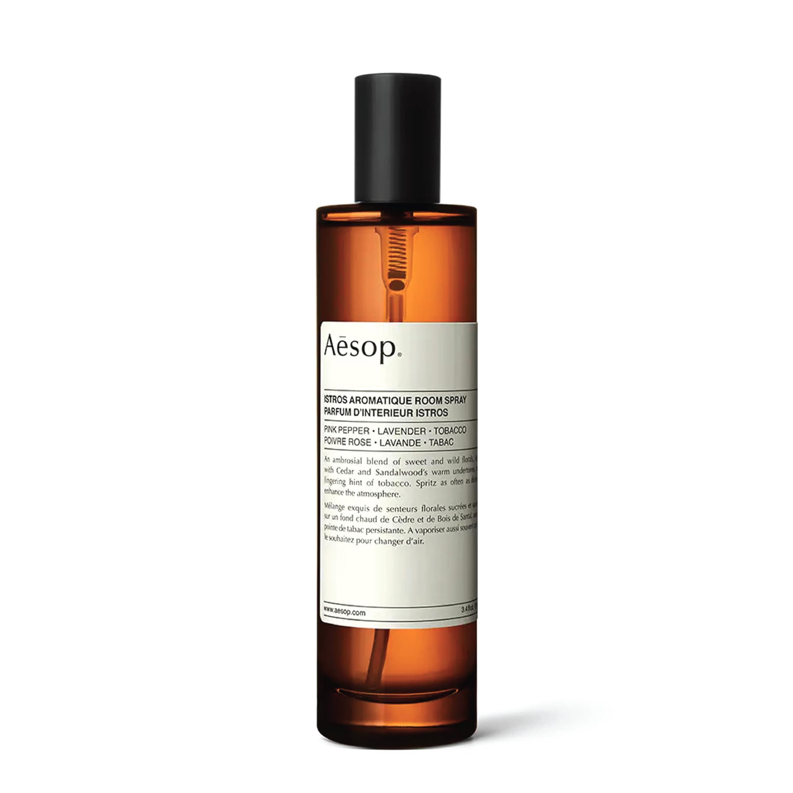 Aesop Istros room spray bottle refreshes spaces with a refined scent.