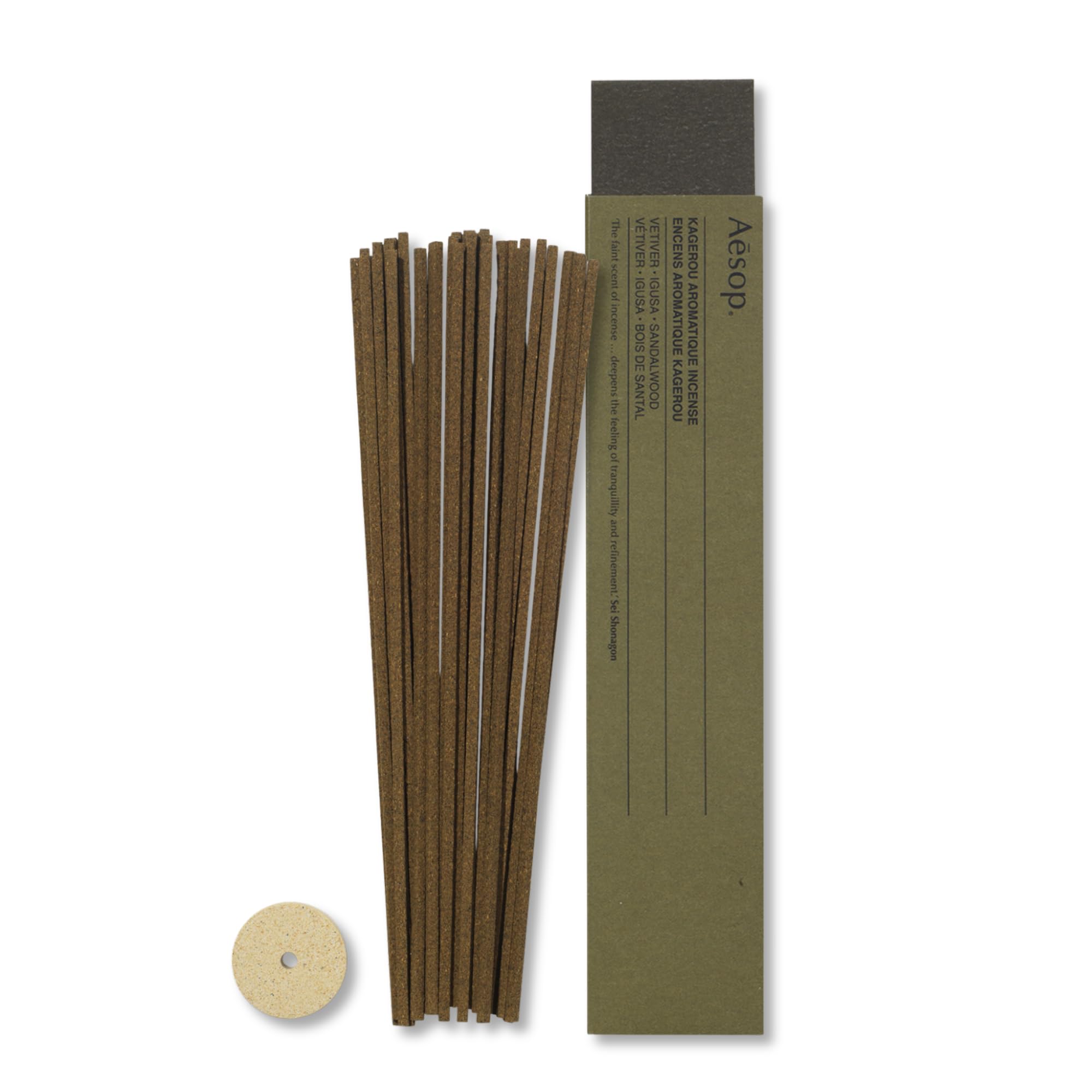 Aesop Kagerou incense sticks pack for tranquil evenings with earthy vetiver scent.