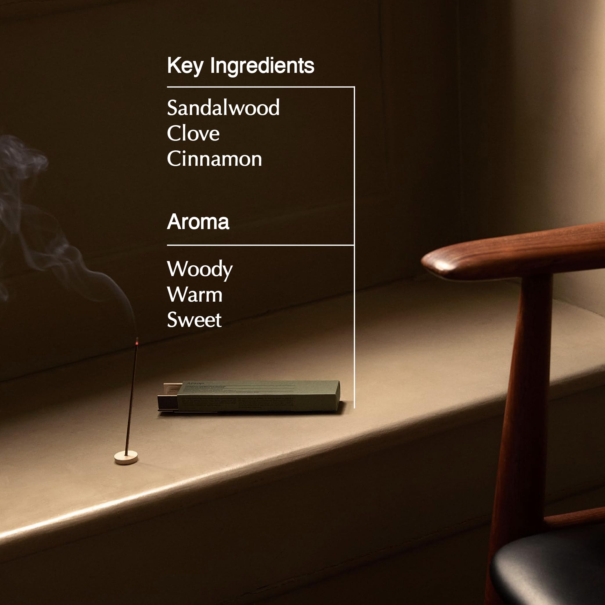 Aesop Sarashina incense stick with cinnamon, warm spice focus for ambience.