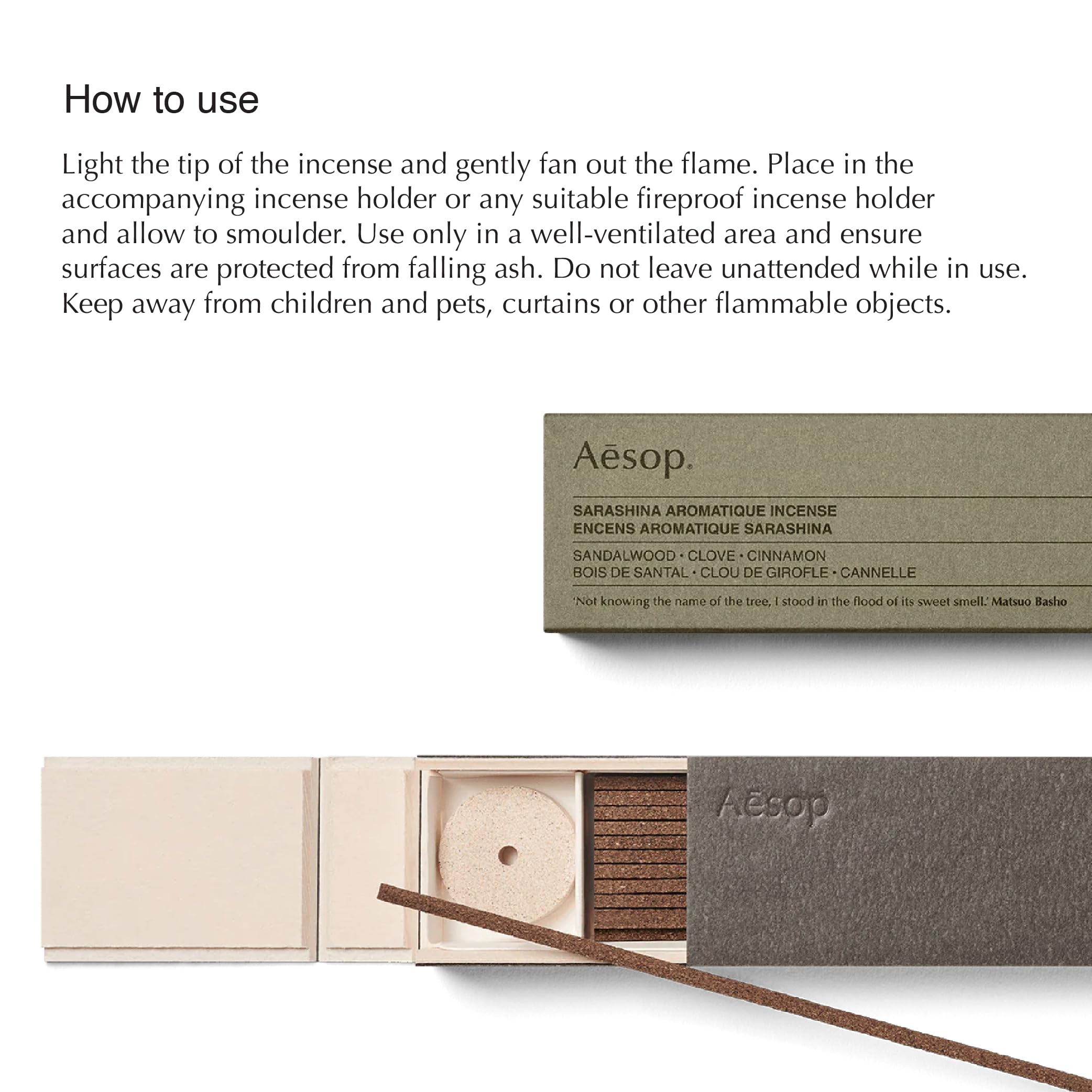 Aesop Sarashina incense stick featuring clove notes for cozy evenings.