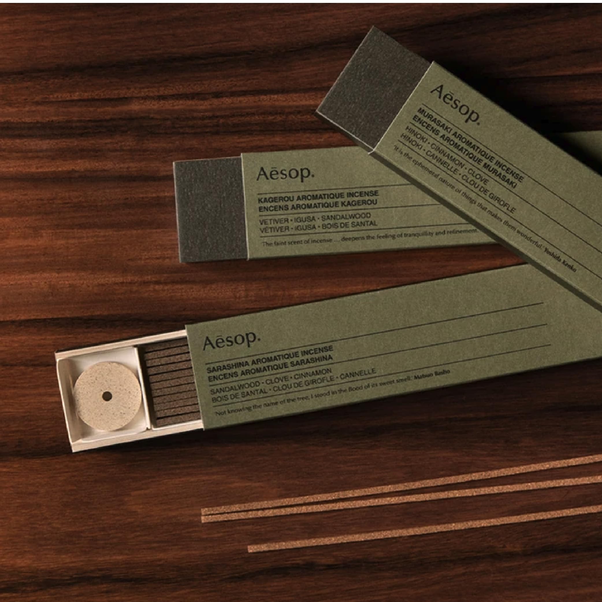 Aesop Sarashina Kanuma holder securely supporting incense sticks.