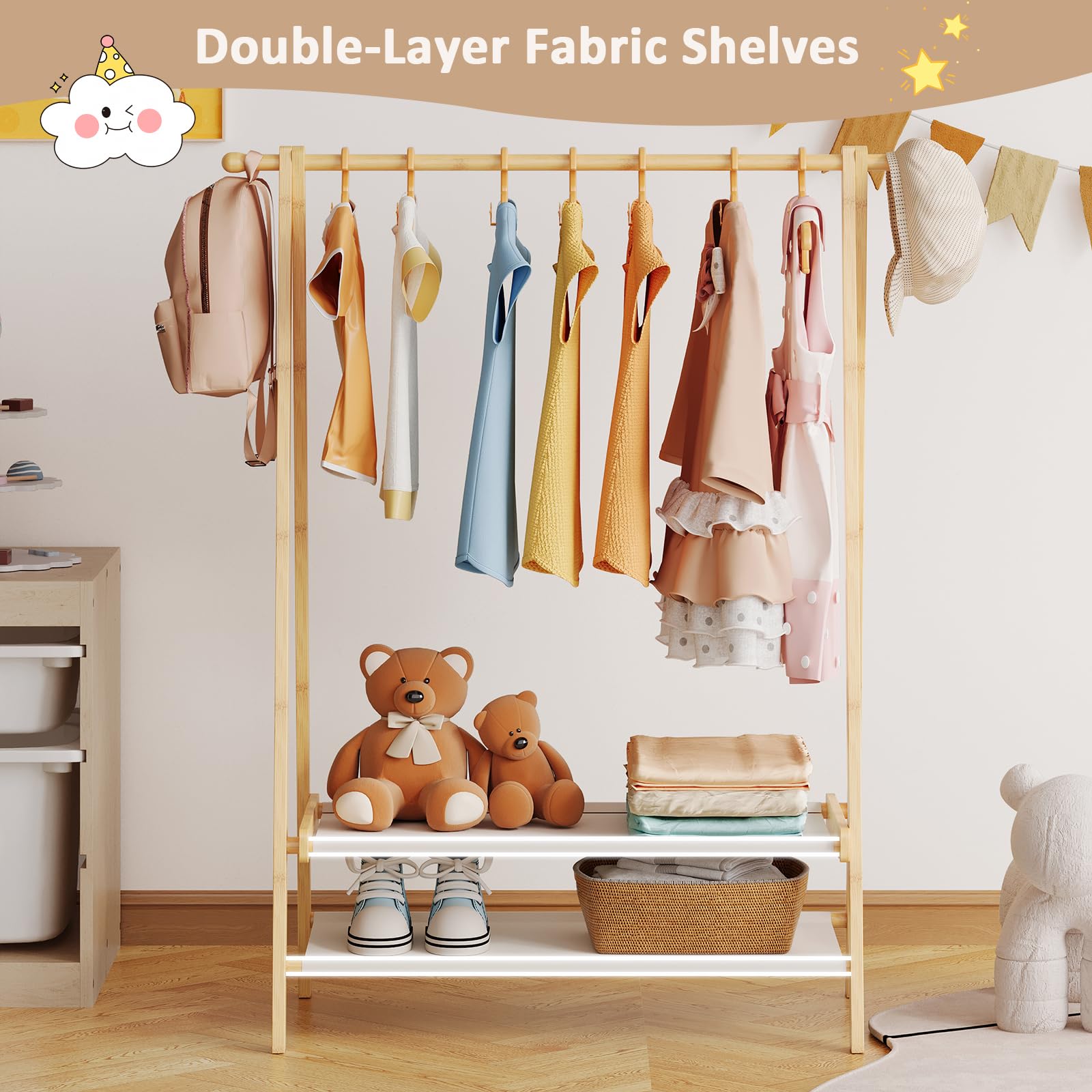Aetherika Kids Rack fabric-shelves offer versatile storage for toys and shoes.