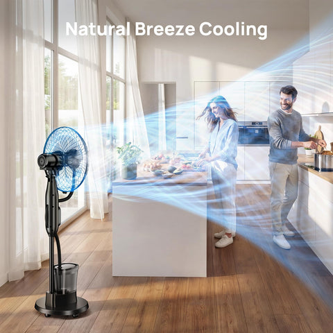 AetherMist bedroom pedestal fan in a calm, quiet setup