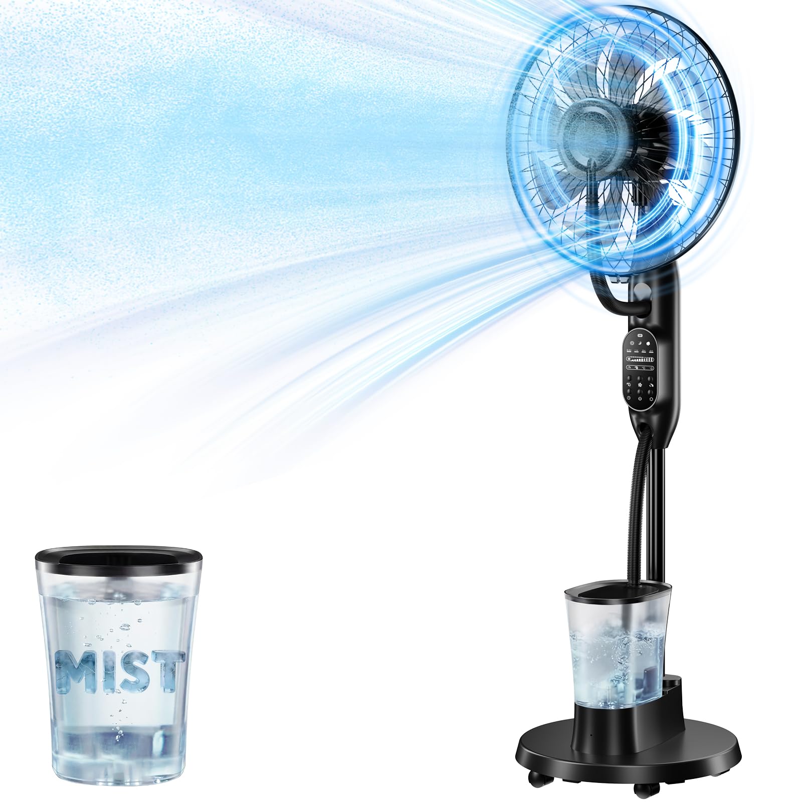 AetherMist Misting Fan in action with humidifier delivering gentle indoor mist for comfort