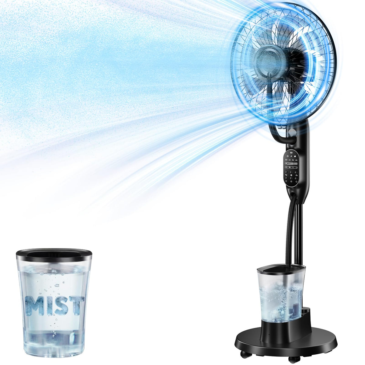 AetherMist Misting Fan in action with humidifier delivering gentle indoor mist for comfort