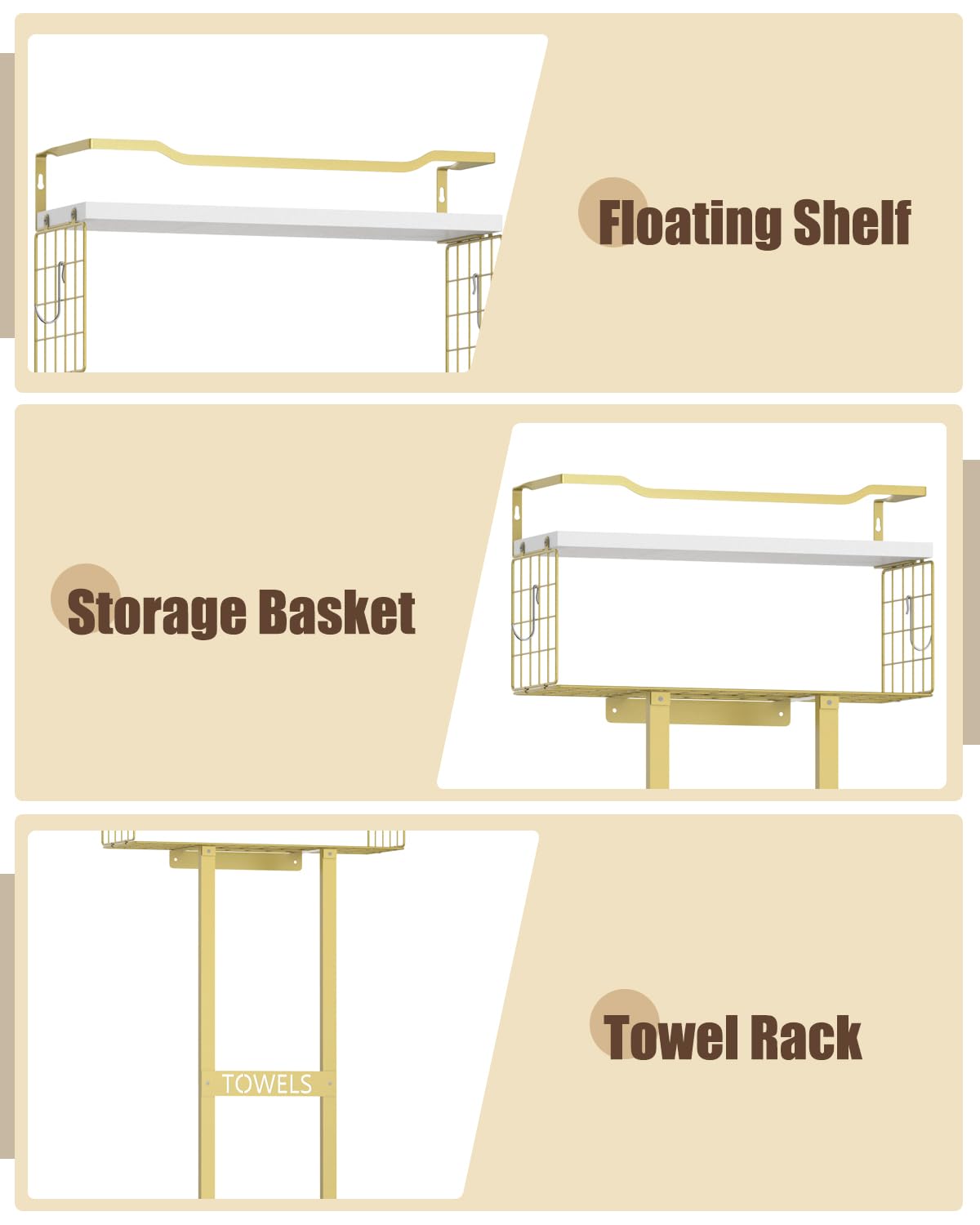 Aetyord metal frame with floating wood shelf maximizes vertical storage.