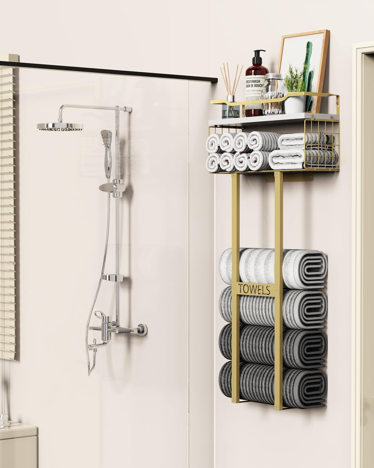 Aetyord towel rack holds six large towels for clutter free vanity.