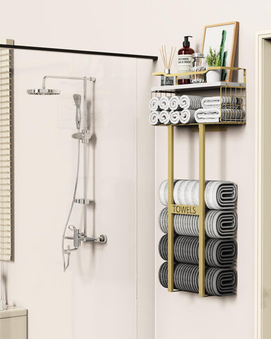 Aetyord towel rack holds six large towels for clutter free vanity.