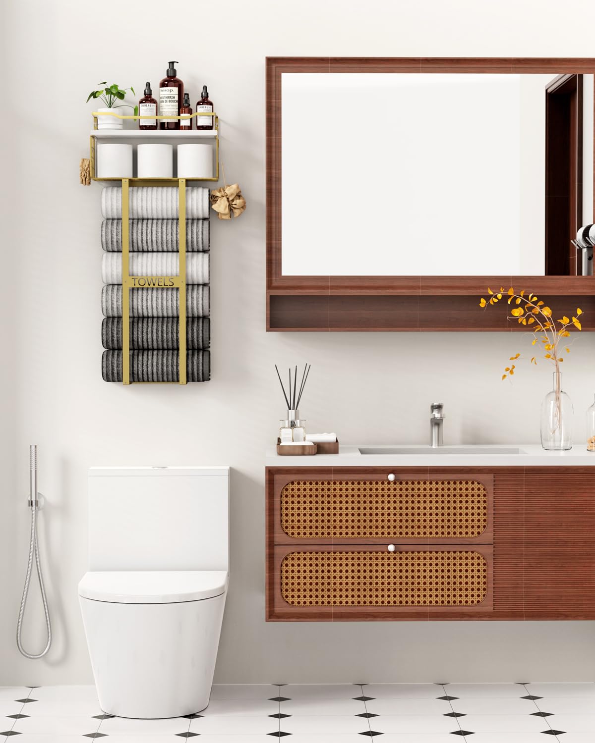 Aetyord wood shelf storage blends metal and wood for organized bathroom space.