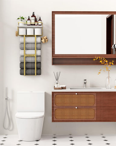 Aetyord wood shelf storage blends metal and wood for organized bathroom space.