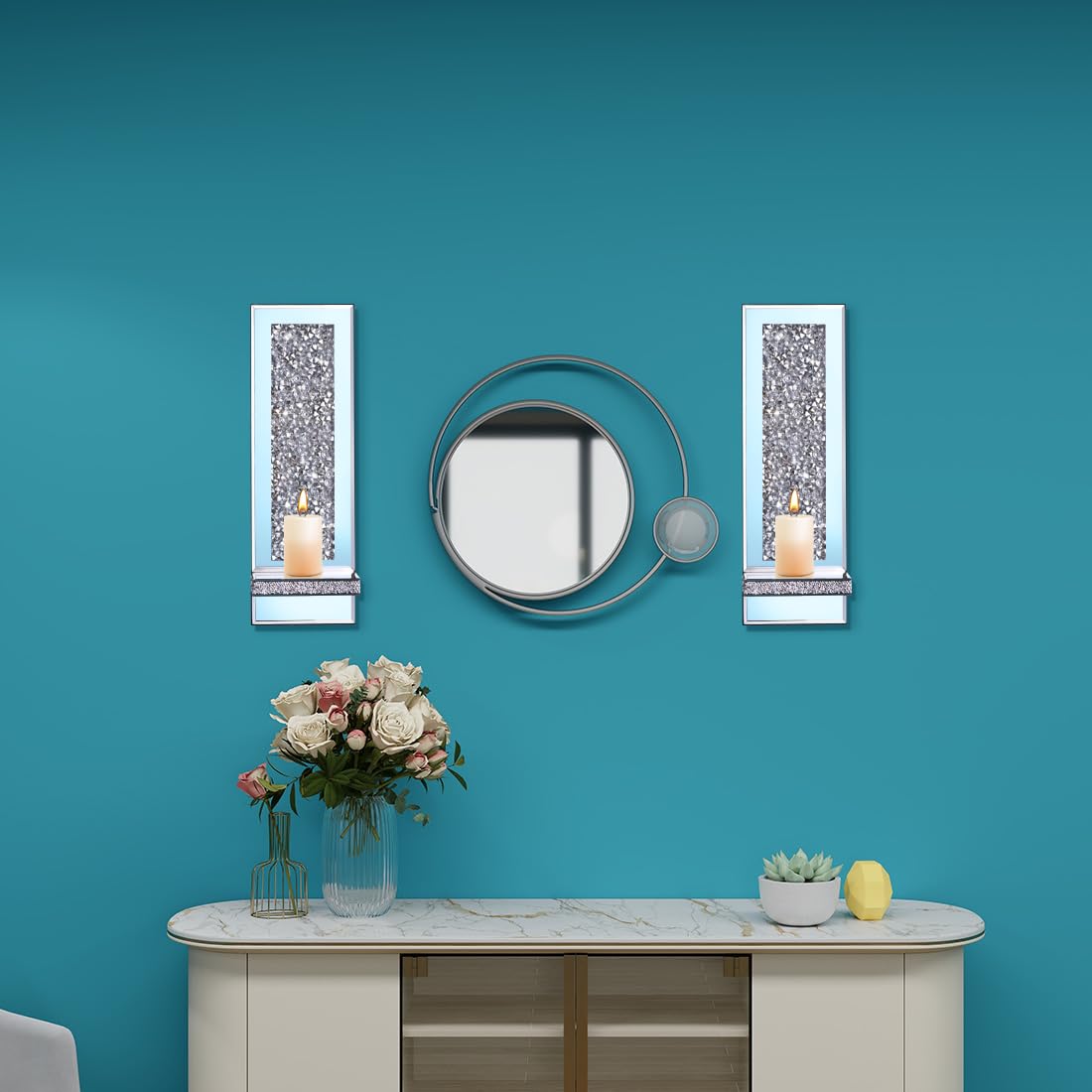 Aeveco Crystal Crush Diamond Sconce pair highlights crushed diamond centerpiece for wall decor.