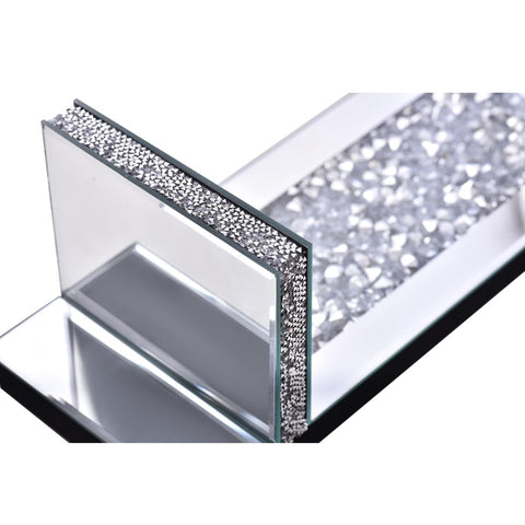 Aeveco silver rectangle sconce with beveled mirror reflects light beautifully.