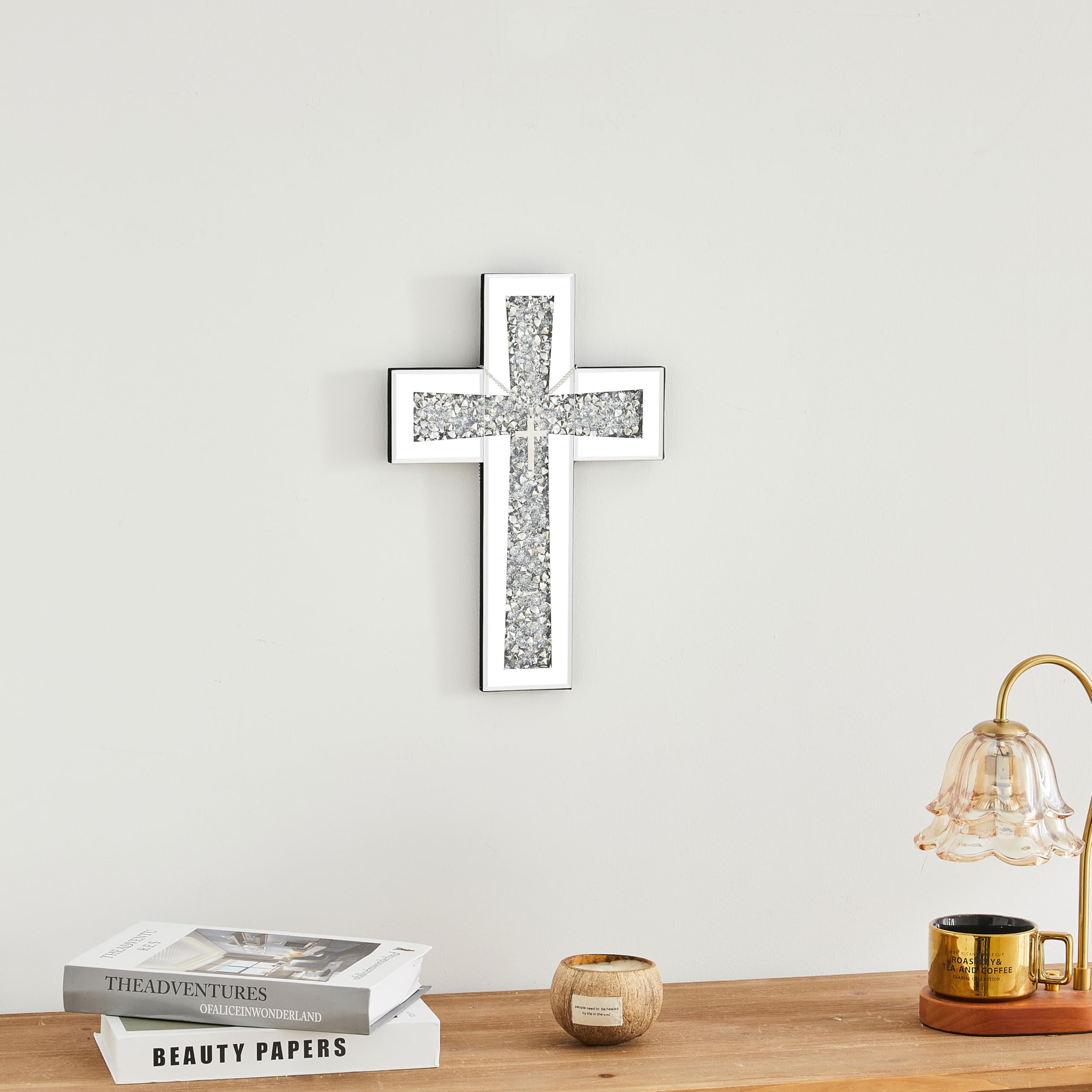 Aeveco wall-hanging cross mirror with chain for secure, easy mounting