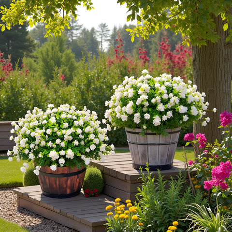 AevrBlos front porch planters with weatherproof artificial flowers.