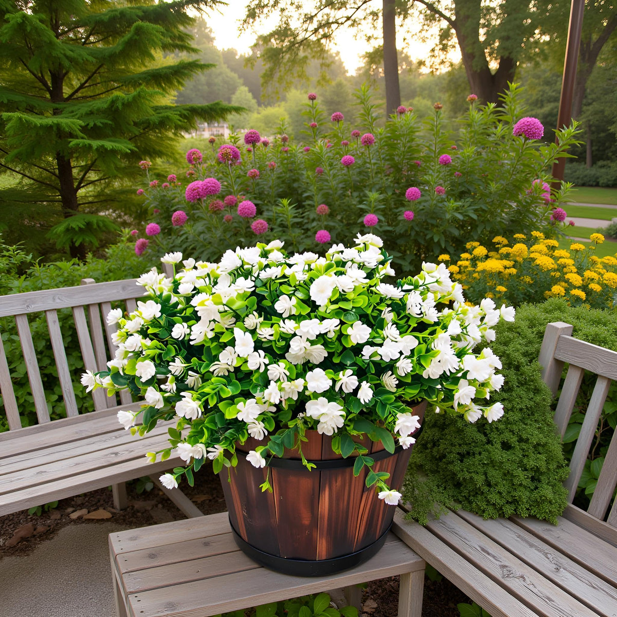 AevrBlos outdoor faux eucalyptus bundles brighten a porch with vibrant color.