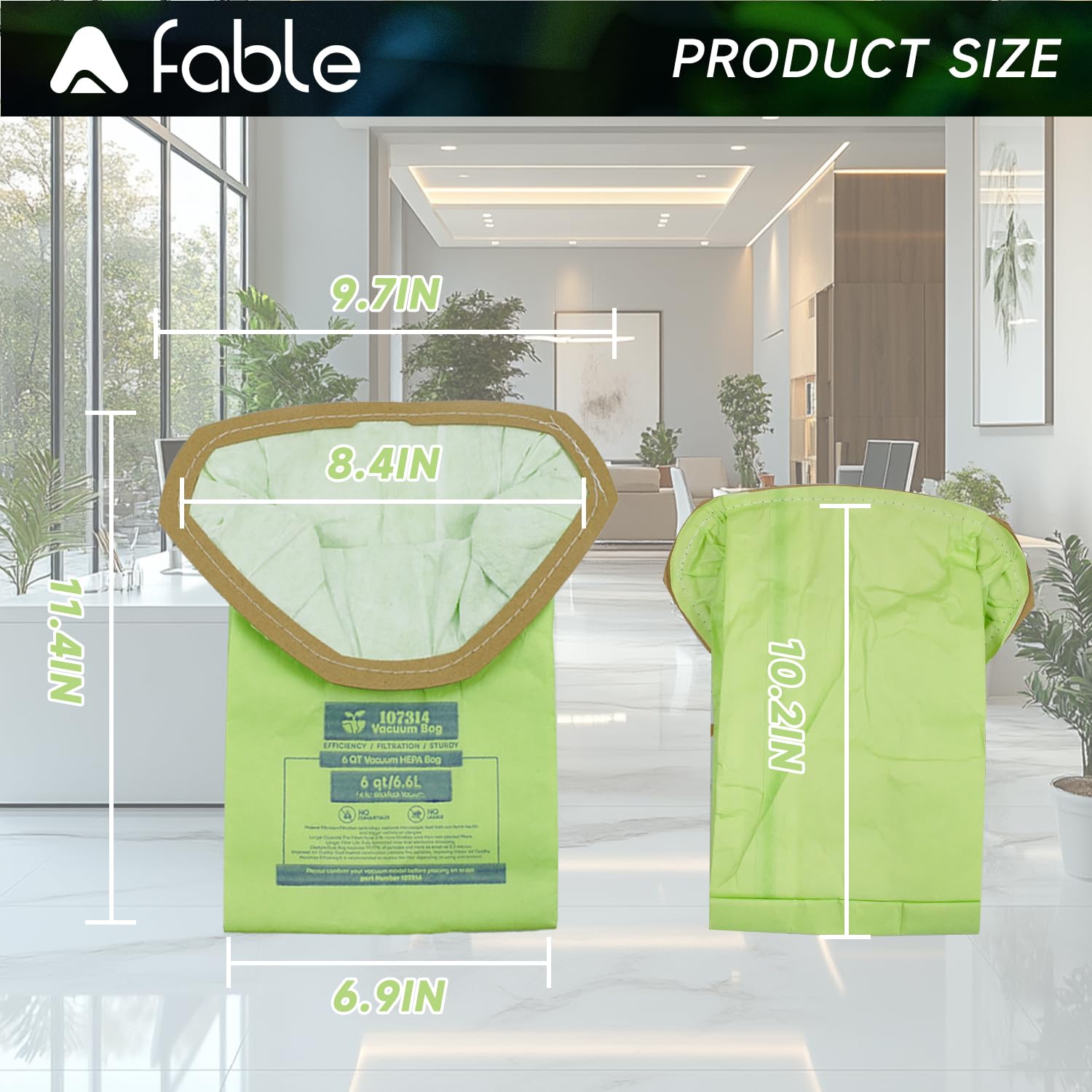 A Fable bulk-pack packaging shows 20-count replacement bags for ProTeam.