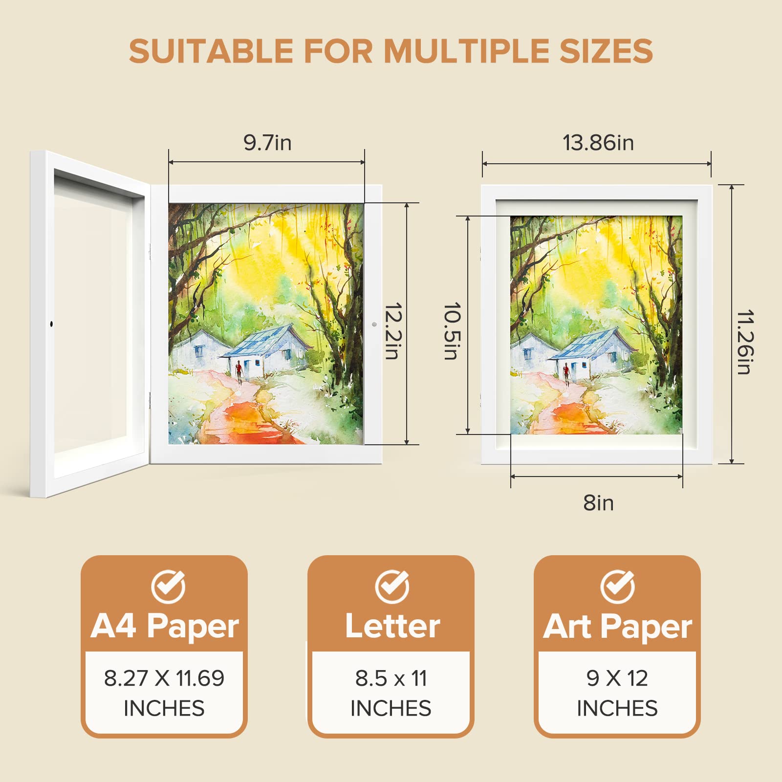 AFEION 9x12 without mat frame accommodates larger art pieces and crafts.