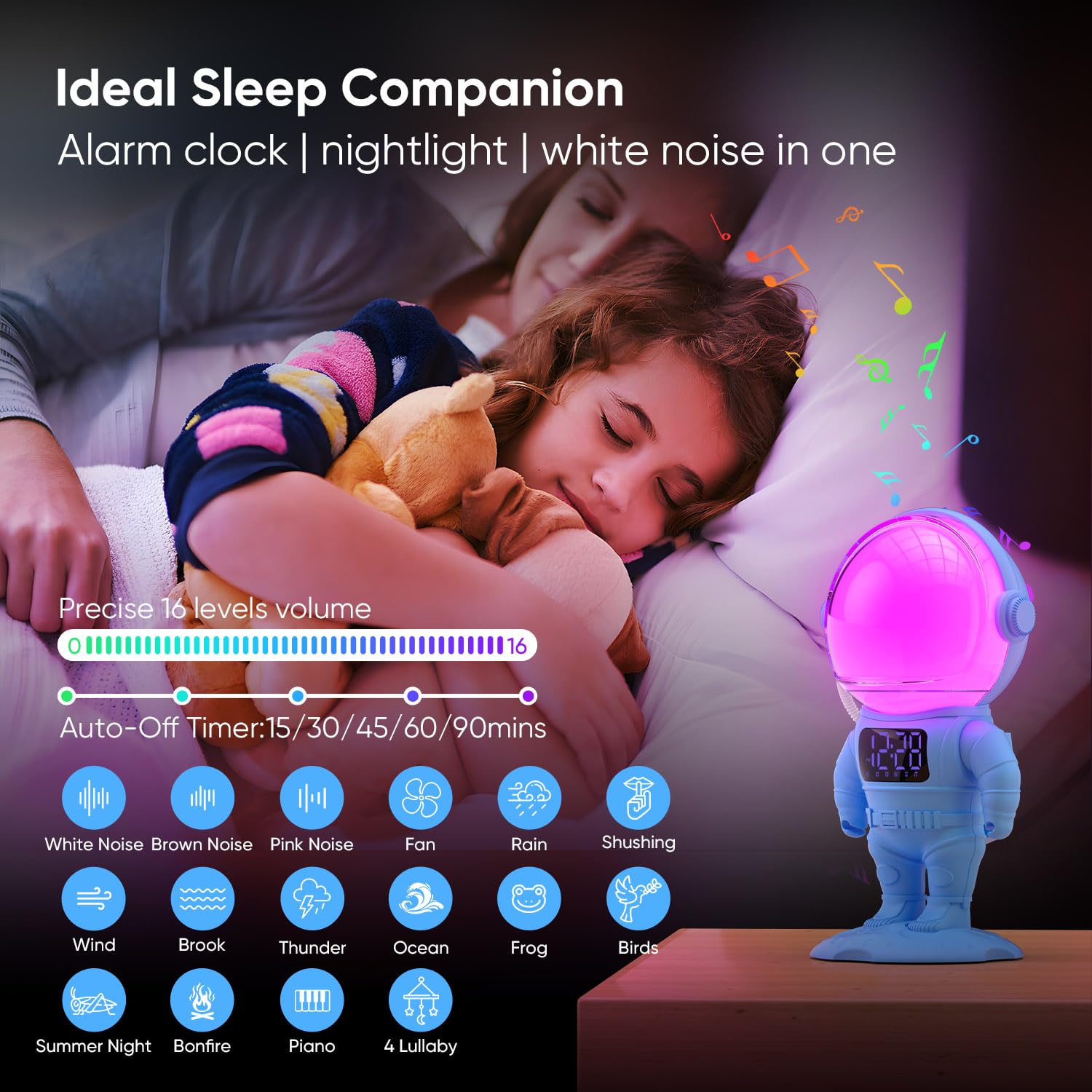 Dual alarms and sunrise light gently wake children for a calm morning