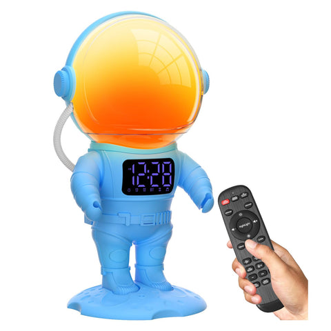 AFEXOA Astronaut Sunrise Alarm Clock blue front view with kid friendly design and ambient lighting