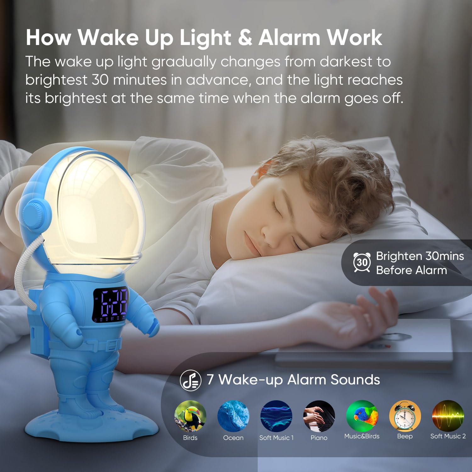 AFEXOA clock displaying sleep sounds panel to help drift off peacefully