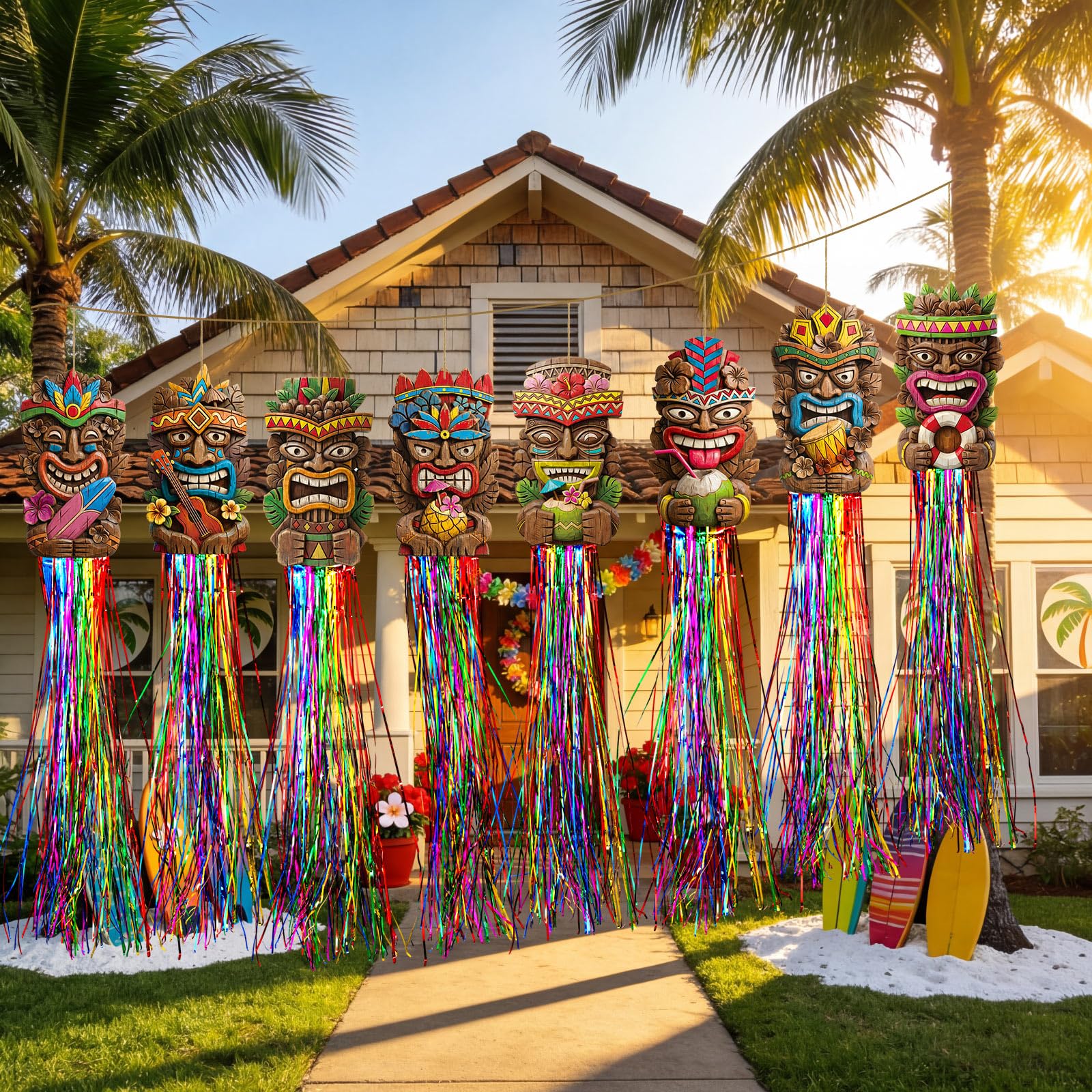 Affrolling luau tiki totem decor with rain tassels for festive walls