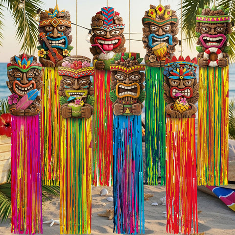 Affrolling tiki totems set with tassels for outdoor luau decor enchants guests