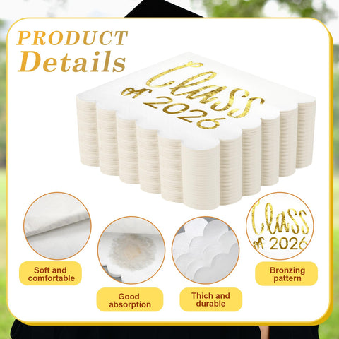 Affrolling white napkins with gold lettering elevate your grad party table decor