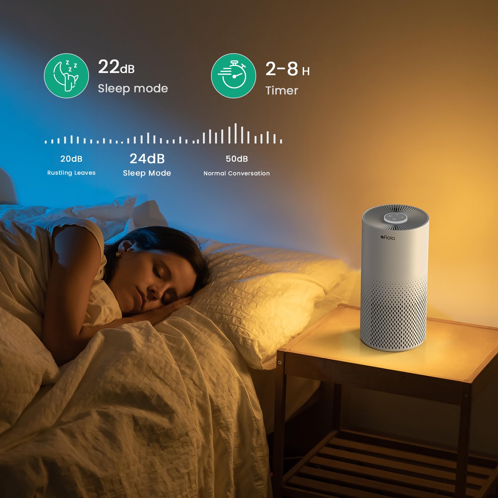 Afloia air purifier quiet operation in a bedroom supports restful nights.