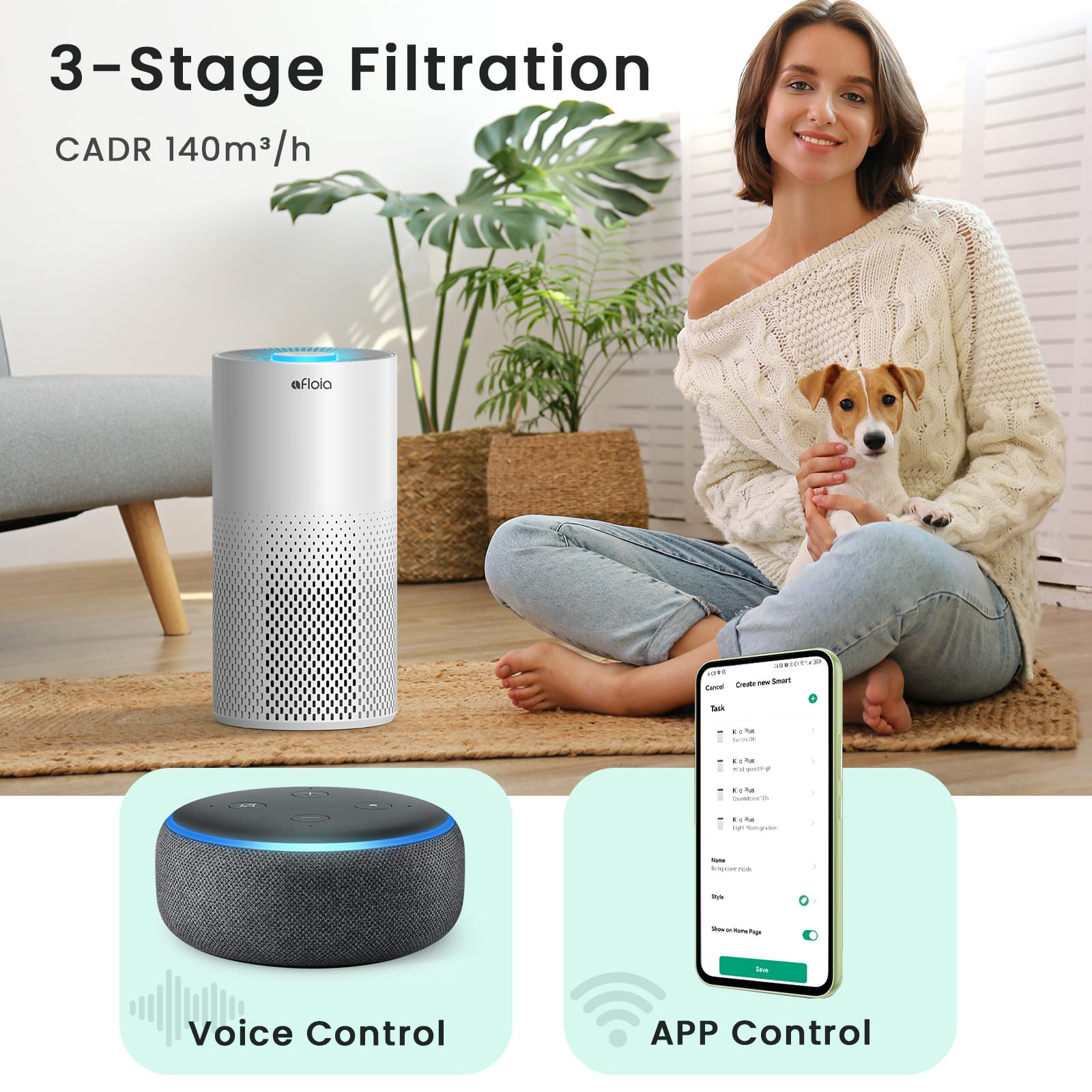 Afloia air purifier control panel LED highlights easy setup and adjustments.