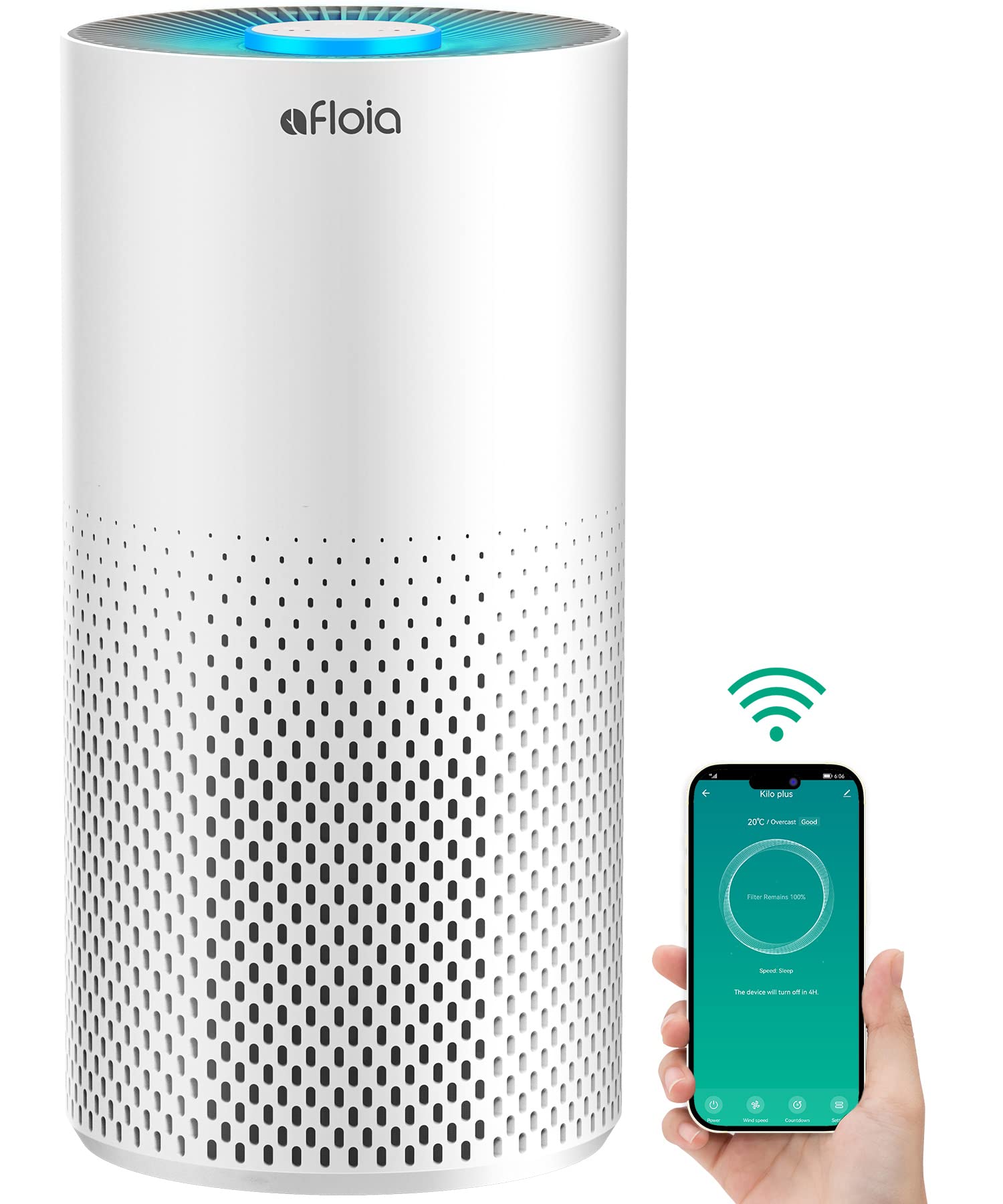 Afloia air purifier front view with compact design and subtle presence for bedrooms.