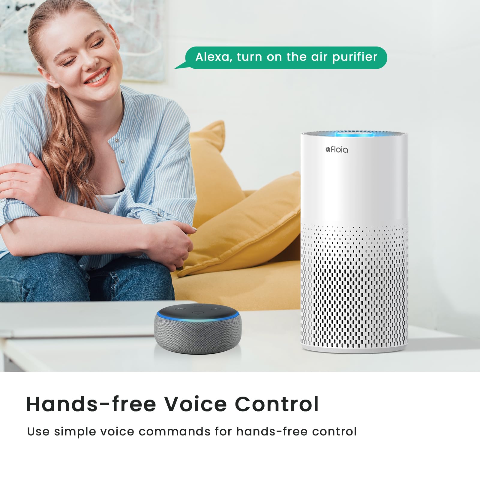 Afloia air purifier large room setup illustrating broad coverage in living areas.
