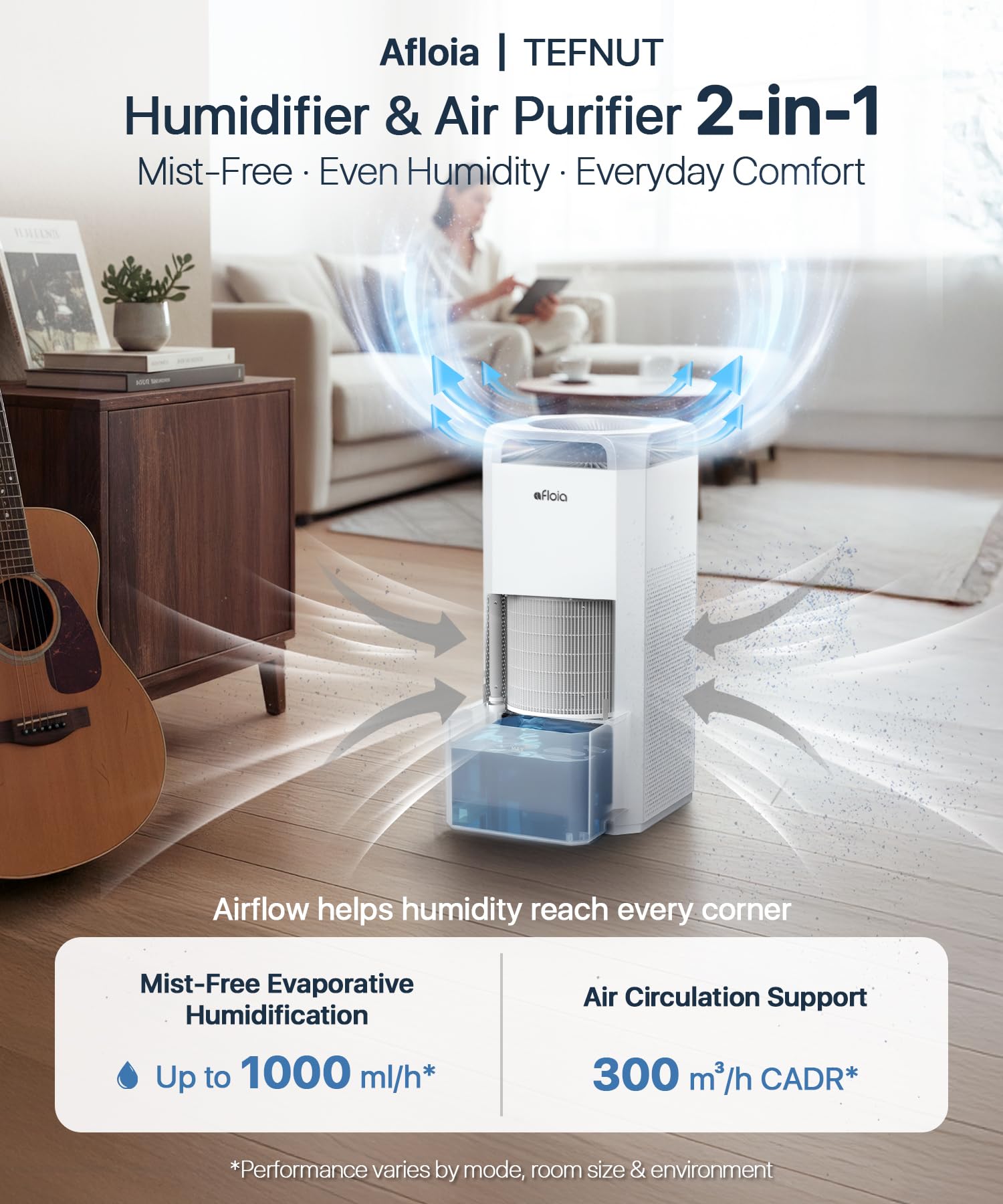Afloia evaporative mist humidifier delivering steady humidity for skin and plants.